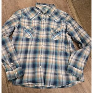 Panhandle Slim Ladies‎ Turquoise Snap Western Button-up Plaid Shirt L